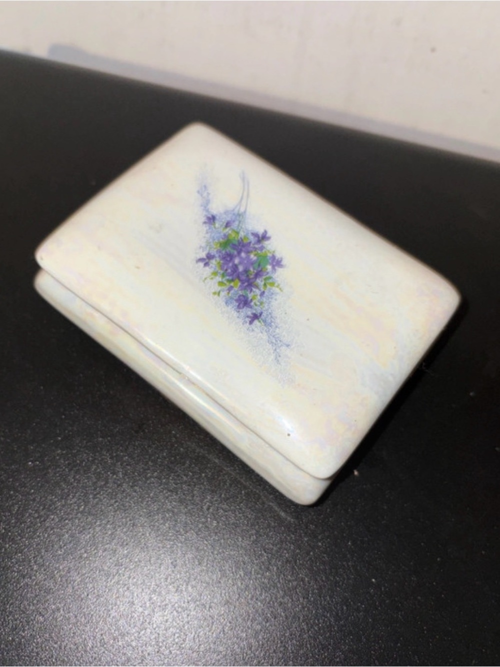 White Ceramic Trinket Box with Purple Floral Motif